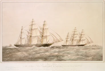 A Grande Corrida da China: os navios Clipper "Taeping" e "Ariel" passam pelo Lizard a 6 de setembro de 1866 na sua viagem de regresso de Foo-Chow-Foo