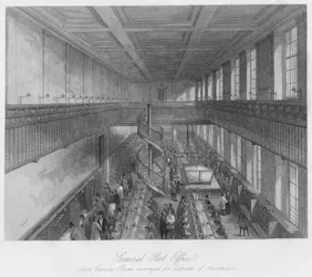 Correio Geral. Portadores de cartas Sala organizada para envio de jornais, c1841