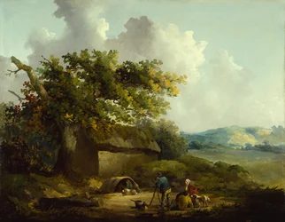 Camponeses fora de uma casa de campo (óleo sobre tela)