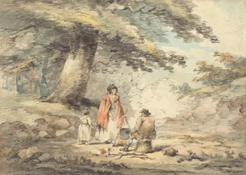Paisagem arborizada com figuras à volta de um recipiente de cozedura