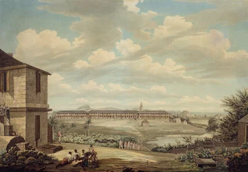 Uma vista sobre a ilha de Antigua: o quartel inglês e a igreja de São João vista do hospital, c.1775-1776 (wc com caneta e tinta sobre grafite sobre papel)