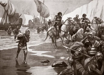 O Segundo Desembarque de César, 54 a.C., ilustração de "Hutchinson