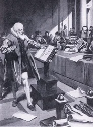 Galileu comparece perante os Cardeais em Roma, ilustração do "Cassell