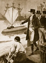 Robert Fulton em França, mostrando o seu submarino "Nautilus" em funcionamento (litografia)