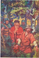 O xerife com a sua companhia mantém-se perto de Robin (litografia a cores)