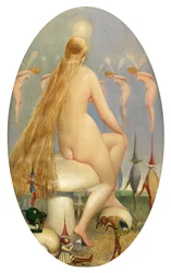 Fada sentada em um Mushrooom (óleo sobre tela)