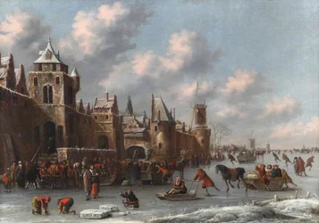 Paisagem de inverno com figuras a patinar e a andar de trenó num fosso congelado junto a uma cidade fortificada