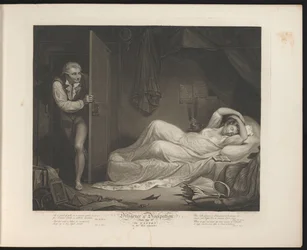 Empregada solta a dormir enquanto um homem se esgueira
Placa 3. The Wanton in the Bed Chamber (título sobre o objecto)
Diligência e Dissipação (título da série)
Diligência e Dissipação (título da série sobre o objecto)