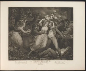 Empregada dissoluta se divertindo em um pub Placa 7. A Devassa se divertindo com seus companheiros (título no objeto) Virtude e Deboche (título da série) Diligence & Dissipation (título da série no objeto)