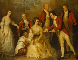 Um retrato de grupo de uma festa de batizado com uma senhora sentada de corpo inteiro, com o marido atrás dela, o filho assistido por uma ayah e quatro padrinhos,