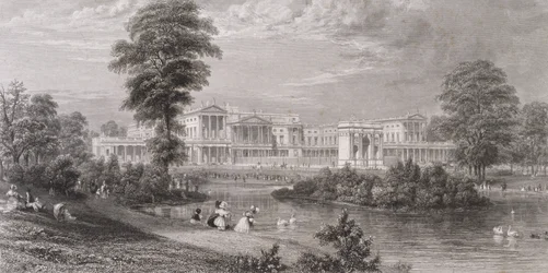 Vista do Palácio de Buckingham e Marble Arch, do Parque de St. James, c.1835