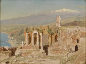 Vista das Ruínas do Teatro Grego de Taormina e do Monte Etna, Sicília