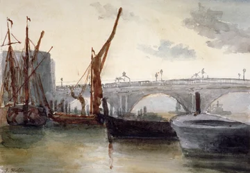 Vista da ponte Blackfriars, com barcos em primeiro plano, Londres, c1835