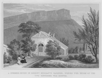 Uma Casa de Verão no Jardim do Regente Murray, onde foi assinada a União dos Dois Reinos (gravura)