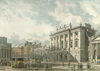 Uma vista do Banco da Inglaterra, gravada por Daniel Havell (1785-1826), pub. 1816 por "Repository of Arts" de Ackermann (aquatint)