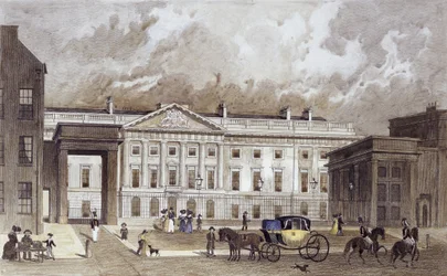 Uma gravura contemporânea da nova Casa da Moeda Real, c.1830 (gravura colorida à mão)
