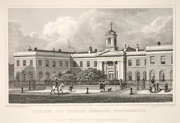 Asylum for Female Orphans, de Westminster, do pub "London and its Environs in the 19th Century". Jones und Co., 1827-1829