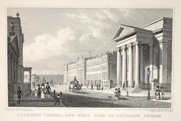 Belgrave Chapel e West Side de Belgrave Square, do pub "London and its Environs in the 19th Century". Jones und Co., 1827-1829