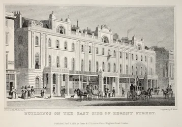Edifícios no East Side de Regent Street, do pub "London and its Environs in the 19th Century". Jones und Co., 1827-1829