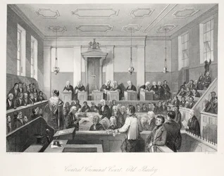 Corte Criminal Central no Old Bailey, do pub "London Interiors with Costumes and Ceremonies". Joseph Mead, Londres, c.1843 (gravura em aço)