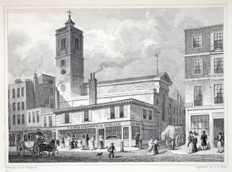 Igreja de St Dionis, Backchurch, de "Londres e é Environs no décimo nono século" pub. Jones und Co., 1827-1829