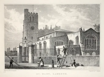 Igreja de Santa Maria, Lambeth, do pub "Londres e seus arredores no século XIX". Jones und Co., 1827-1829