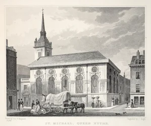 Igreja de São Miguel, Queenhithe, do bar &39;London and its Environs in the 19th century&39;. Jones und Co., 1827-1829