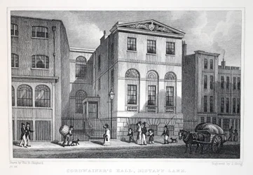 Hall de Cordwainer, Distant Lane, do pub "London and its Environs in the 19th Century". Jones und Co., 1827-1829