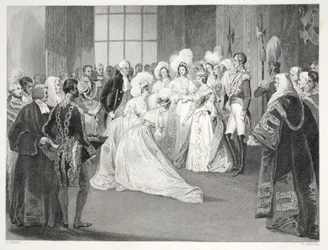 Sala de estar da Rainha Vitória, do pub &39;London Interiors with their Costumes and Ceremonies&39;. Joseph Mead, Londres, c.1843 (gravura em aço)