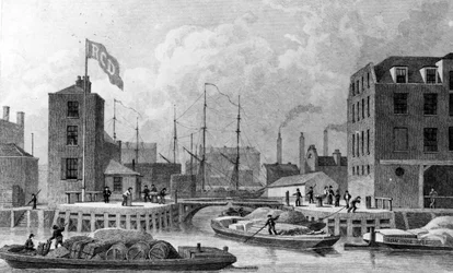 Entrada para o Canal do regente, Limehouse, gravado por FJ Havell, 1828