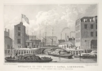 Entrada para o Regent&39;s Canal, Limehouse, do pub "London and its Environs in the 19th Century". Jones und Co., 1827-1829