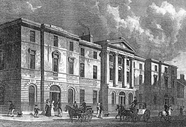 Edifícios de troca, Leith, gravado por T. Higham, 1830