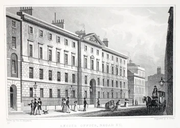 Escritório de Impostos, Broad Street, do pub "London and its Environs in the 19th Century". Jones und Co., 1827-1829
