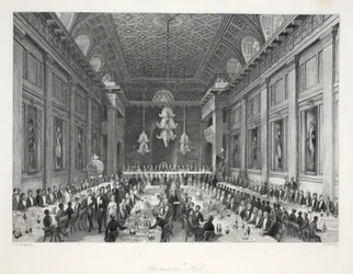 Salão dos maçons, de «London Interiors with their Costumes and Ceremonies», publicado por Joseph Mead, Londres, c. 1843
