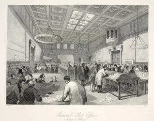 General Post Office, Inland Office, do pub "London Interiors with Costumes and Ceremonies". Joseph Mead, Londres, c.1843 (gravura em aço)