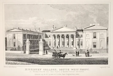 Highbury College, South West Front, do pub "London and its Environs in the 19th Century". Jones und Co., 1827-1829