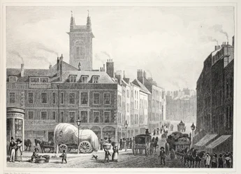 Ponte Holborn, Igreja de Santo André, etc., do pub "Londres e seus arredores no século XIX". Jones und Co., 1827-1829