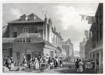 Mercado de Hungerford, Strand, gravado por Thomas Barber, 1830