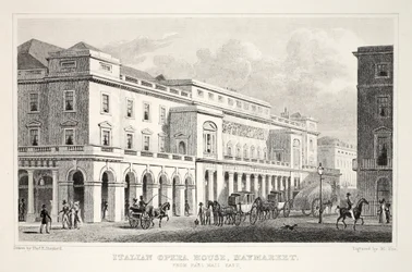 Casa de ópera italiana, Haymarket, do pub "Londres e seus arredores no século XIX". Jones und Co., 1827-1829