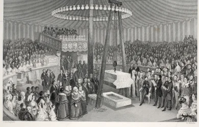 Colocando a primeira pedra do New Royal Exchange, do pub "London Interiors with Costumes and Ceremonies". Joseph Mead, Londres, c.1843 (gravura em aço)
