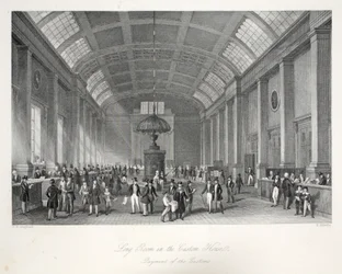 Long Room na Custom-House, do pub "London Interiors with Costumes and Ceremonies". Joseph Mead, Londres, c.1843 (gravura em aço)