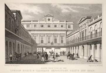 NW Vista do London Horse and Carriage Repository, na Gray&39;s Inn Road, do pub "Londres e seus arredores no século XIX". Jones und Co., 1827-1829