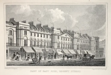 Parte do East Side, Regent Street, do pub "London and its Environs in the 19th Century". Jones und Co., 1827-1829