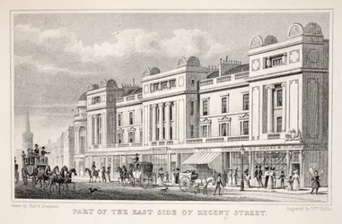 Parte do East Side da Regent Street, do pub "London and its Environs in the 19th Century". Jones und Co., 1827-1829