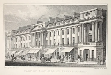 Parte do East Side da Regent Street, do pub "London and its Environs in the 19th Century". Jones und Co., 1827-1829