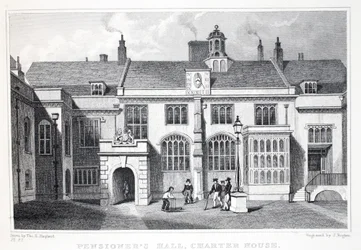 Pensioner Hall, Charter House, do pub "London and its Environs in the 19th Century". Jones und Co., 1827-1829