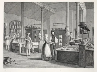 Reform Club - a cozinha, do pub "London Interiors with Costumes and Ceremonies". Joseph Mead, Londres, c.1843 (gravura em aço)