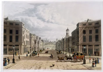 Regent Street, de Piccadilly, gravada por J. Bluck (fl.1791-1831), pub. 1822 por "Repository of Arts" de Ackermann (aquatint)