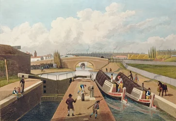 Regent&39;s Canal, a entrada leste do túnel Islington, c.1827, gravada por John Cleghorn (aquatint)