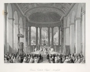 Capela católica romana, Moorfields, de Interiores londrinos com os seus trajes e cerimónias, publicado por Joseph Mead, Londres, c. 1843